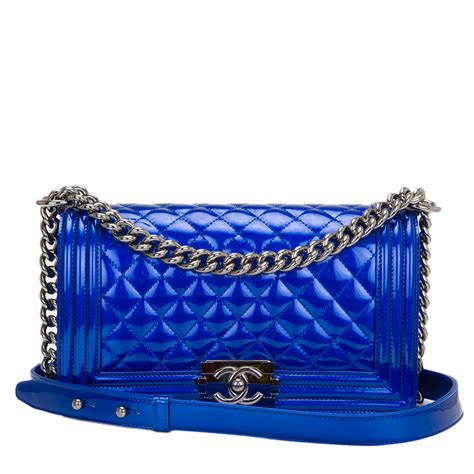 chanel iridescent blue patent boy bag